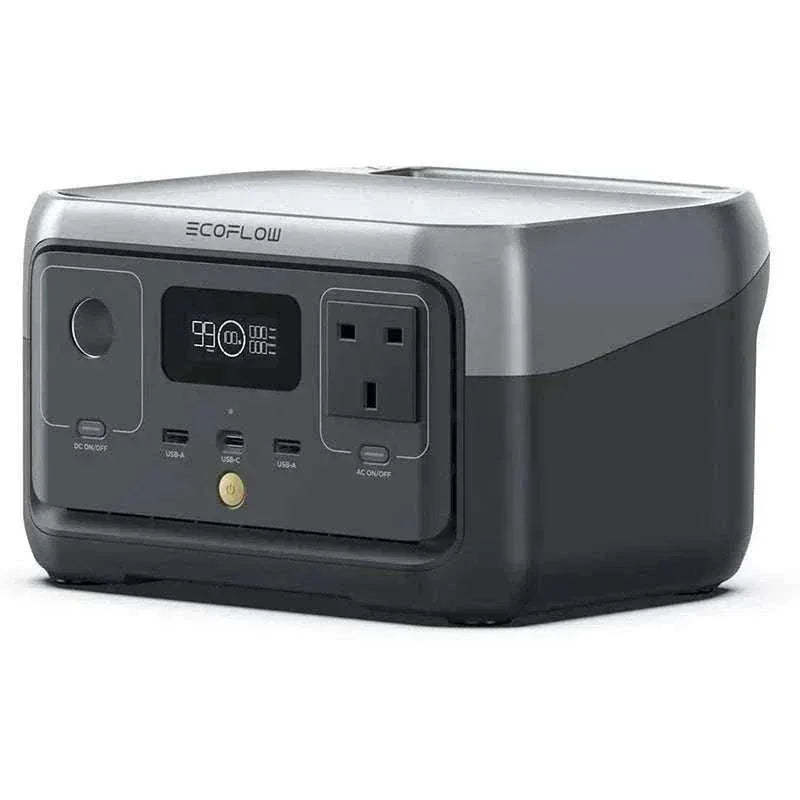 EcoFlow RIVER 2 portable power station with 256Wh capacity and multiple output ports including AC, USB-C, and USB-A