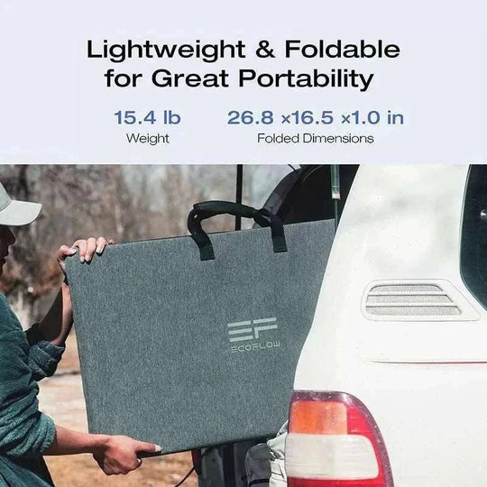 EcoFlow 160W foldable portable solar panel being loaded into a car for outdoor use