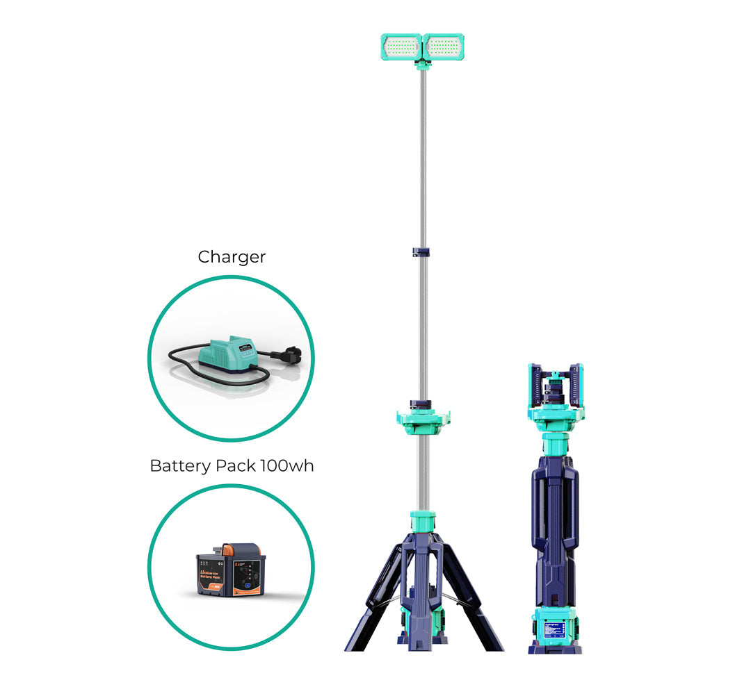 Portable Dual Light TLD100 with adjustable tripod, charger, and battery pack.
