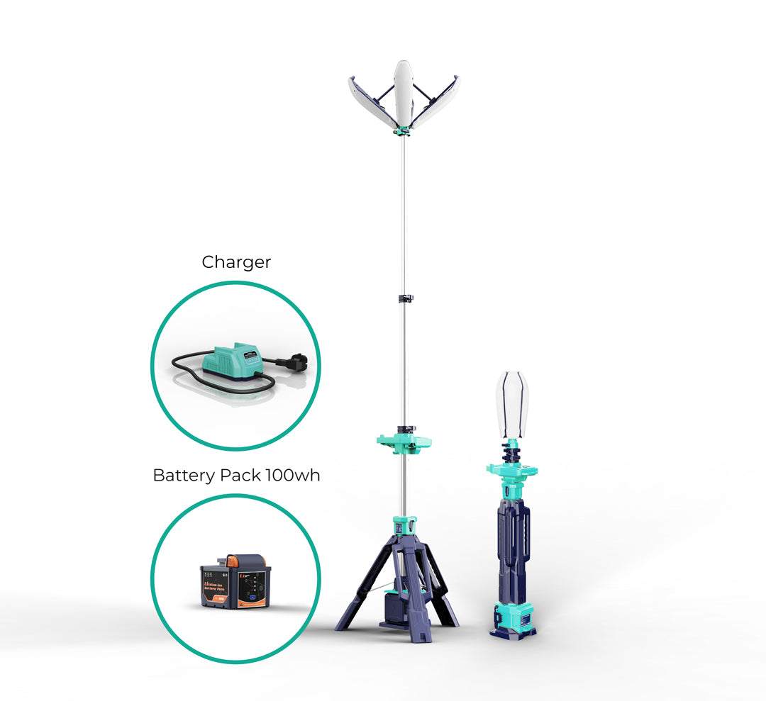 Portable petal tripod light TL-200P with adjustable height, 360-degree illumination, battery pack, and charger for versatile outdoor and industrial use
