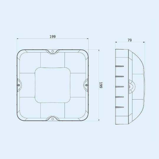 Technical drawing of a 50W solar ceiling and wall light with dimensions 199mm by 199mm by 79mm.