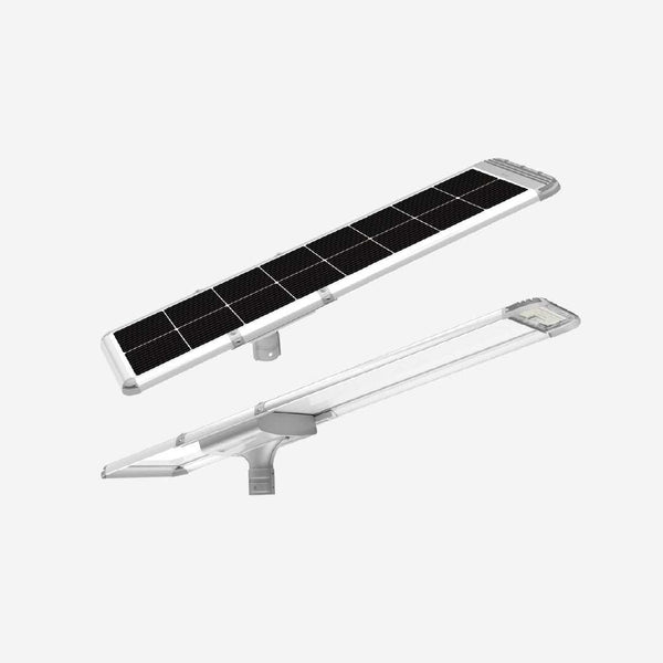 Elant 120W integrated solar streetlight with mono solar panel, lithium battery, and remote control.