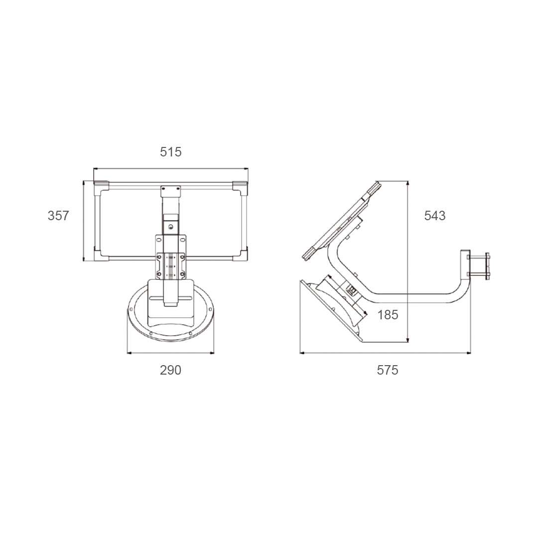 Technical drawing of 5V/50W Solar Garden Light with dimensions for wall or pole mounting
