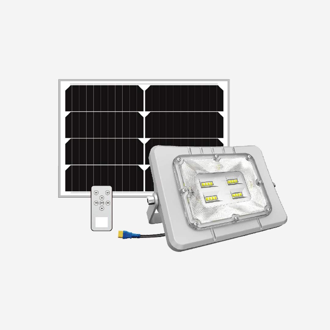 Solar Flood Light with panel and remote, aluminum magnesium alloy case, LiFePO4 battery, IP65 waterproof, 3000lm-5000lm brightness.