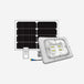 Solar Flood Light with panel and remote, aluminum magnesium alloy case, LiFePO4 battery, IP65 waterproof, 3000lm-5000lm brightness.