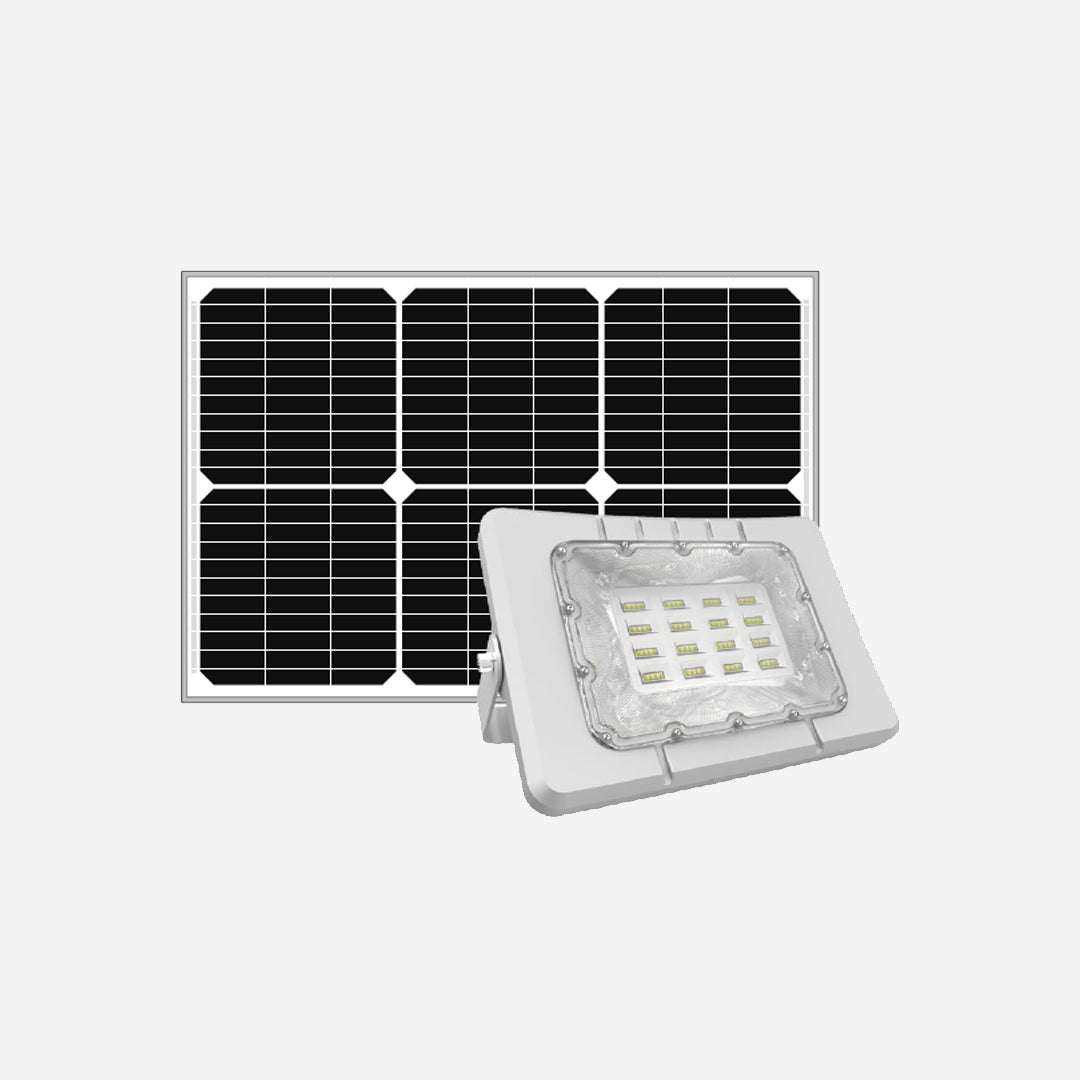 Solar flood light with LED lamp and solar panel, made from aluminum magnesium alloy, for outdoor use.