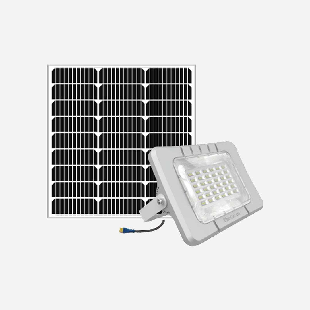 Solar flood light with mono panel, featuring PC optical lens, LED lamp beads, aluminum magnesium alloy case, waterproof IP65, 5V/50W solar panel.