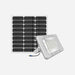 Solar flood light with mono panel, featuring PC optical lens, LED lamp beads, aluminum magnesium alloy case, waterproof IP65, 5V/50W solar panel.