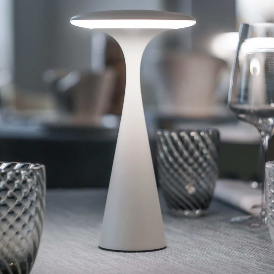 Elant Dusk rechargeable modern white table lamp on dining table