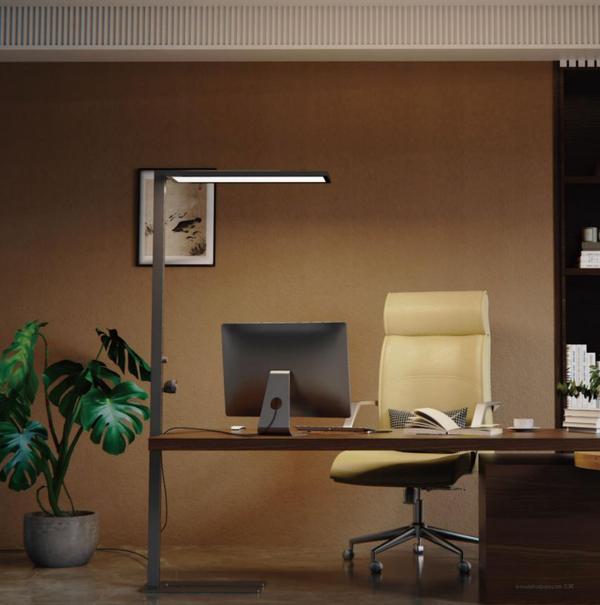 Modern Sakura F004 eye-care floor lamp illuminating stylish office workspace with beige chair and wooden desk