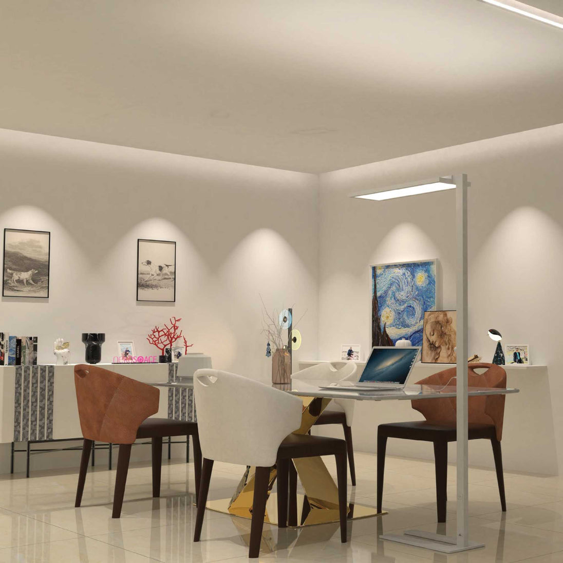 Modern indoor office setting illuminated by Sakura F004 floor lamp with full-spectrum, anti-glare light and sleek aluminum alloy design