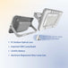Solar flood light with PC optical lens, LED lamp beads, LiFePO4 battery, and aluminum magnesium alloy case.