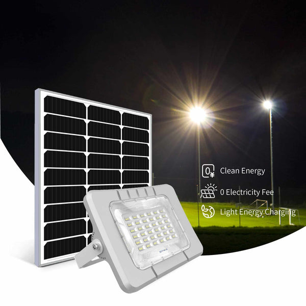 Solar flood light with mono solar panel, featuring LED lamp beads, durable aluminum magnesium alloy case, and LiFePO4 battery for efficient outdoor lighting.