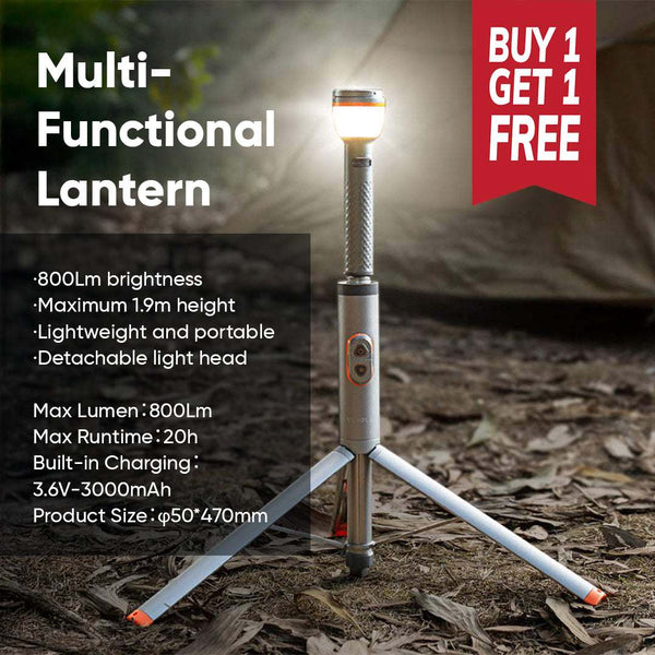 Multi-Functioning Camping Light standing on ground with detachable lamp, 800Lm brightness, and adjustable height to 1.9m.