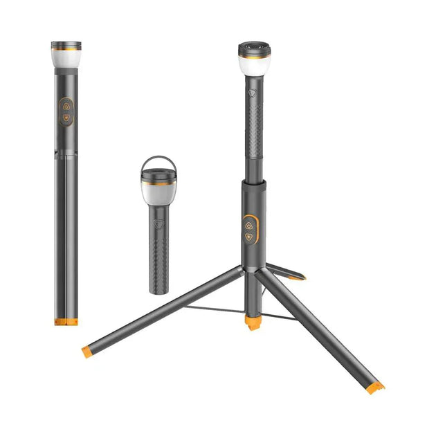 Multi-functional camping light with adjustable tripod, handheld flashlight, and magnetic base in black and orange design