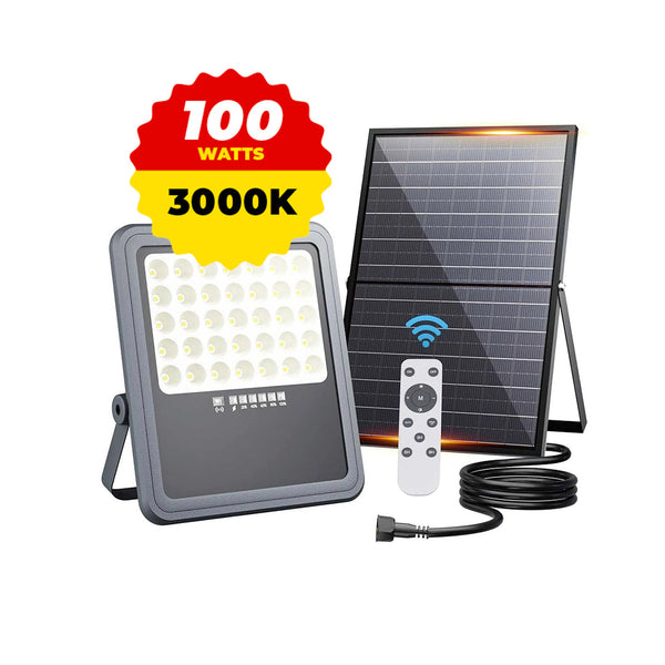 Portable solar flood light with solar panel, remote control, and 3000K warm light, ideal for outdoor use and emergencies.