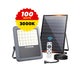 Portable solar flood light with solar panel, remote control, and 3000K warm light, ideal for outdoor use and emergencies.