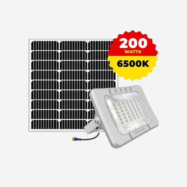 Solar Flood Light Mono with 200 watts, 6500K color temperature, and integrated solar panel.