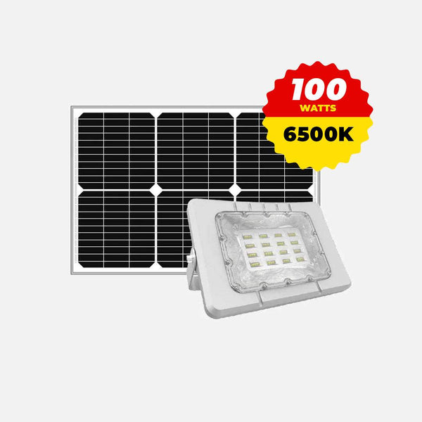 Solar flood light with 5V solar panel, 6500K color temperature, and 100W power output.