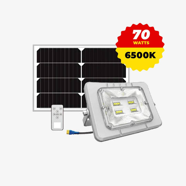 Solar Flood Light Mono with 5V panel and LED lamp, 70W 6500K, waterproof IP65, for outdoor use.