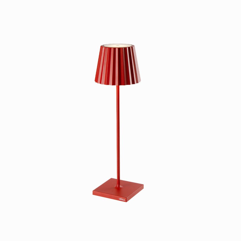 Red Plissé cordless table lamp, featuring a sleek aluminum design with frosted poly-carbonate diffuser, LED technology, and touch switch functionality.