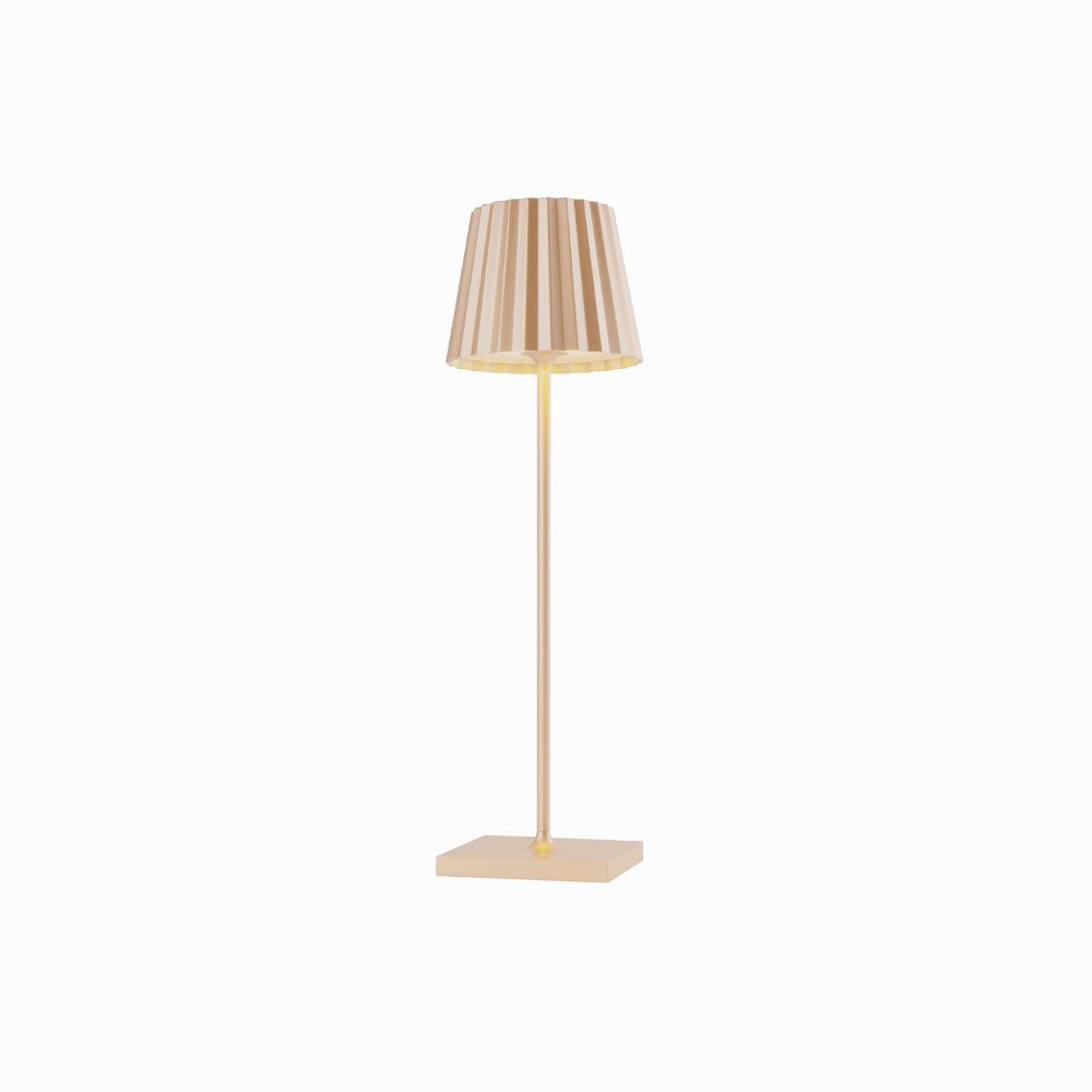 Plissé cordless table lamp with contemporary design, featuring a pleated shade, rechargeable LED, touch switch, flexible dimming, and aluminum die-cast body.