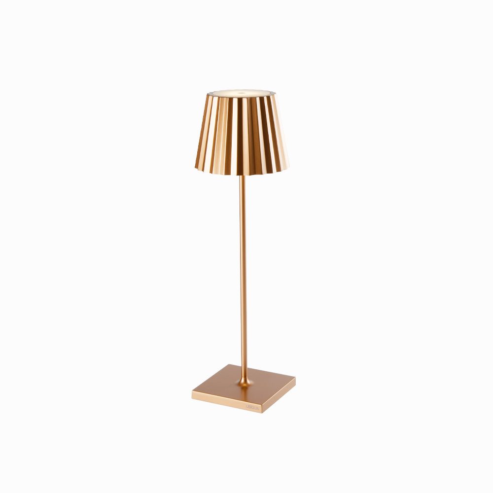 Gold Plissé cordless table lamp, elegant design, aluminum die-casting, dimmable LED lighting.
