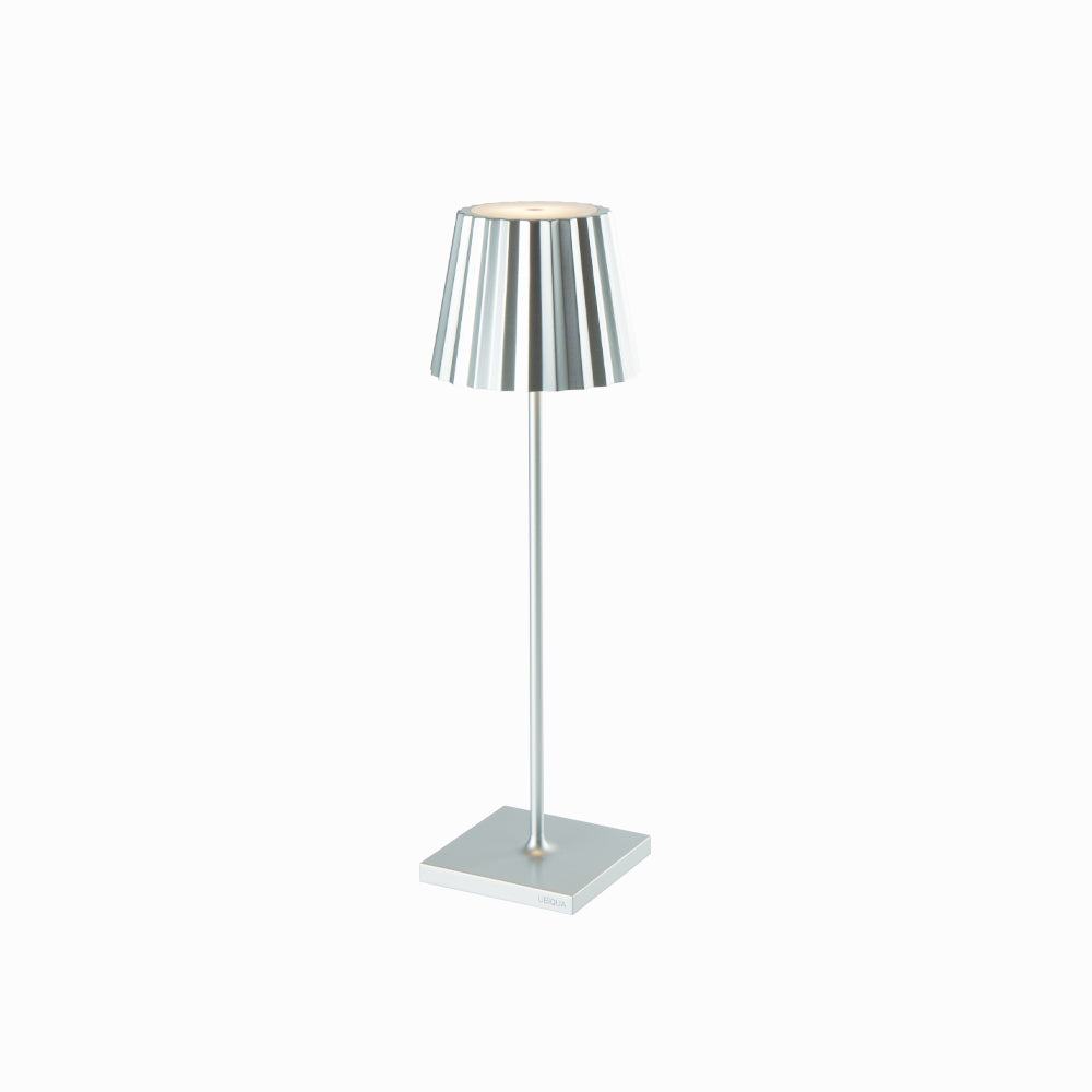 Plissé cordless table lamp with a sleek aluminum design and striped shade, ideal for versatile modern lighting.