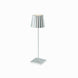 Plissé cordless table lamp with a sleek aluminum design and striped shade, ideal for versatile modern lighting.