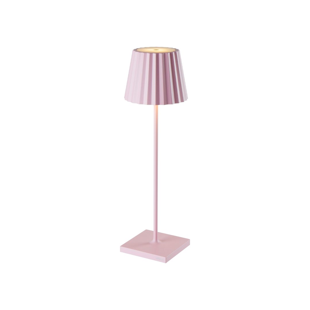 Plissé cordless table lamp with pleated shade and modern design.