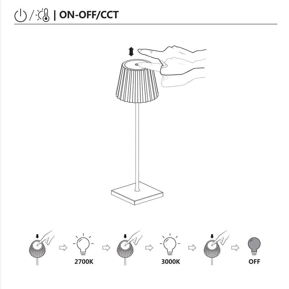 Plissé cordless table lamp with touch control, flexible dimming, and adjustable color temperatures of 2700K and 3000K.