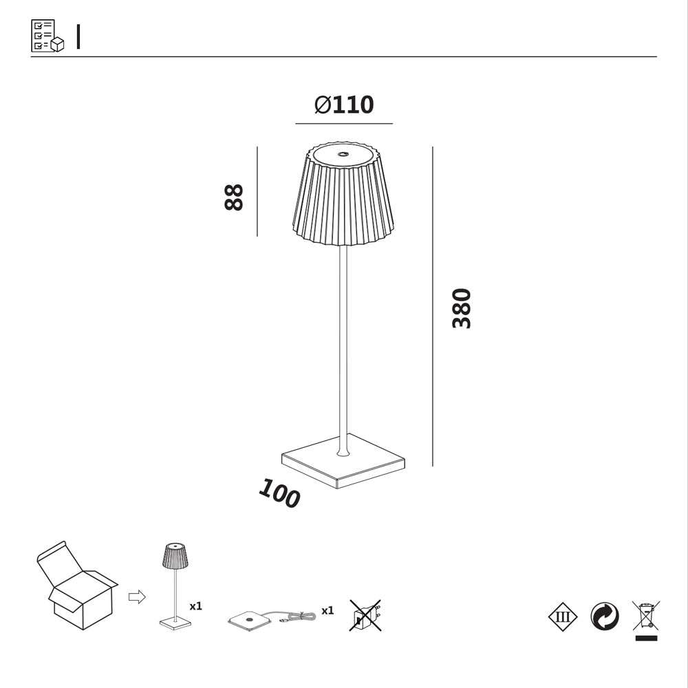 Plissé cordless table lamp with touch switch, dimming, and LED features; aluminum construction with frosted diffuser.