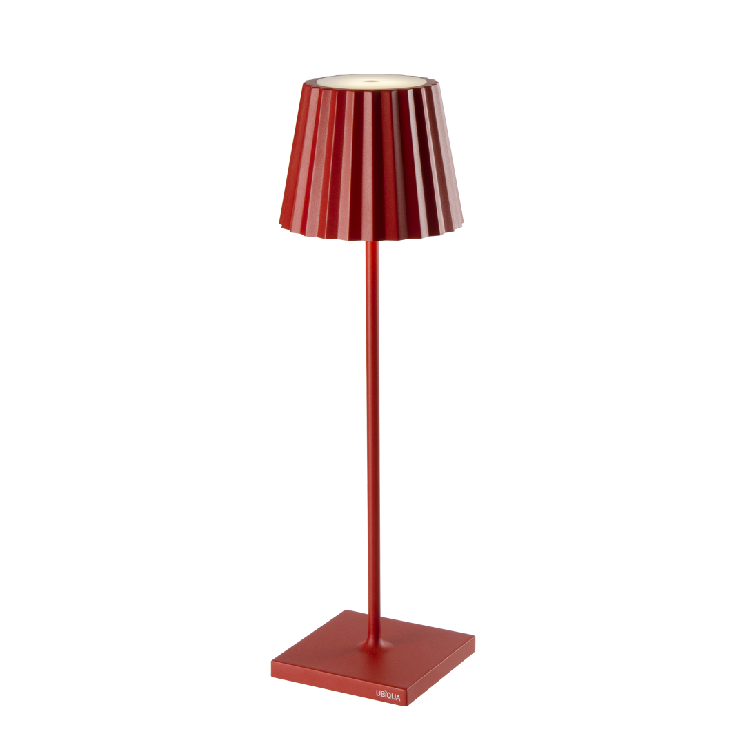 Red Plissé cordless table lamp with a contemporary design, featuring a fluted shade and a sleek stand.