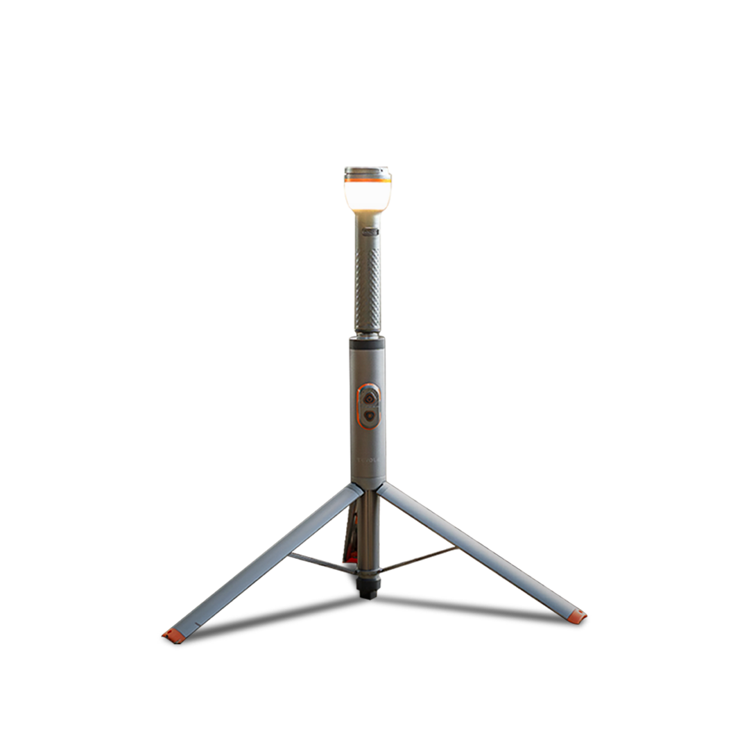 Multi-functional camping light with adjustable tripod and LED flashlight emitting bright light on white background