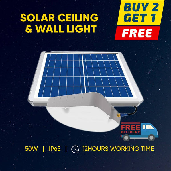 Solar Ceiling & Wall Light 50W with solar panel and LED, offering 12 hours of lighting, perfect for energy-efficient outdoor illumination.