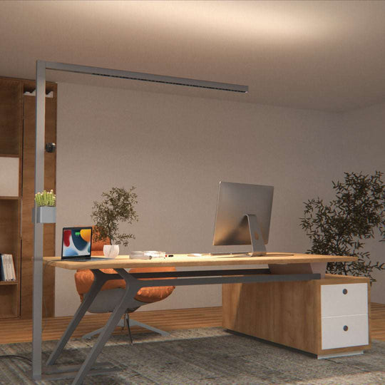 Sakura F006 linear MET floor lamp in modern office with dual-beam lighting and sleek aluminum design