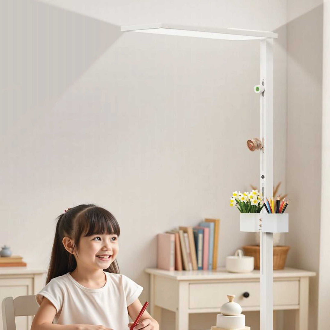 Sakura F004 eye-care floor lamp with full-spectrum lighting over a young girl studying in a bright room