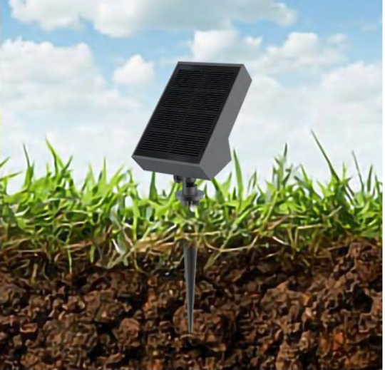Solar path light with monocrystalline silicon panel in garden setting.