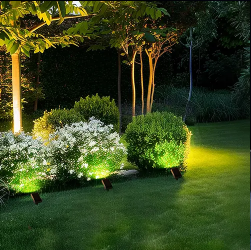 Solar path light illuminating garden bushes and trees with soft white 3000K LED light at night