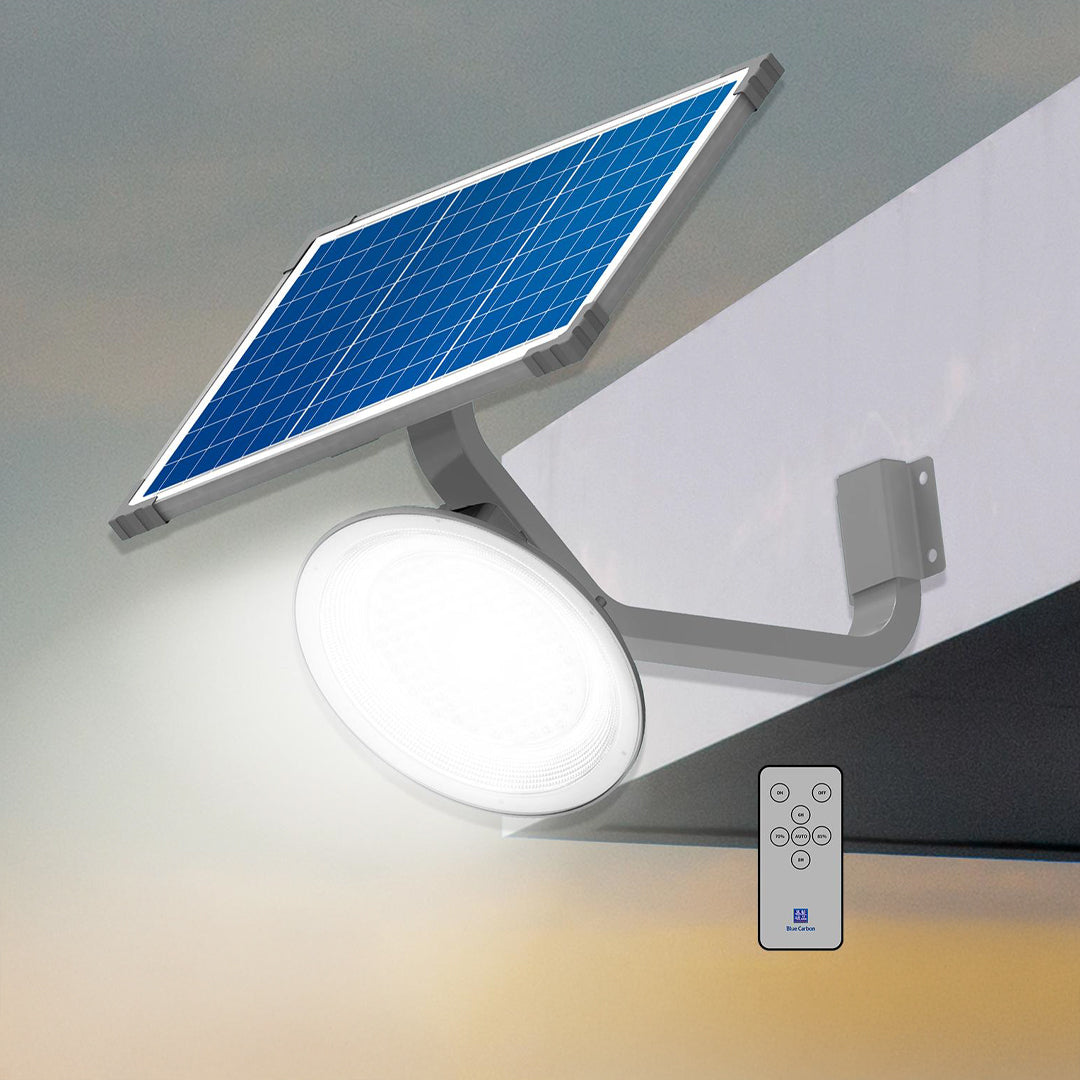Wall-mounted solar garden light with solar panel and remote control.