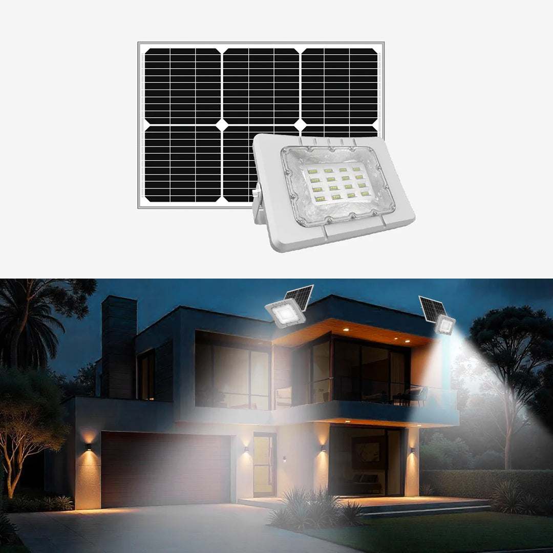 Solar Flood Light with 5V panel illuminating a modern house exterior at night.