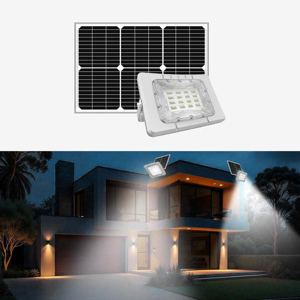 Solar Flood Light with 5V panel illuminating a modern house exterior at night.