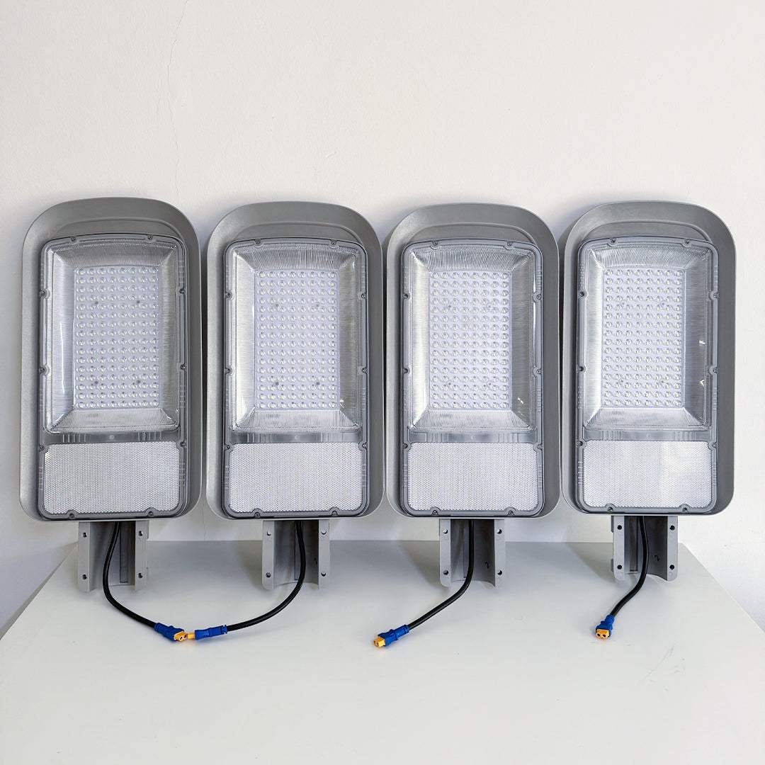 Solar Grain Street Light set of 4 with solar panels for eco-friendly outdoor lighting.