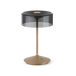 Cordless table lamp with smoky glass shade and gold base.