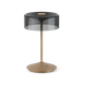 Cordless table lamp with smoky glass shade and gold base.