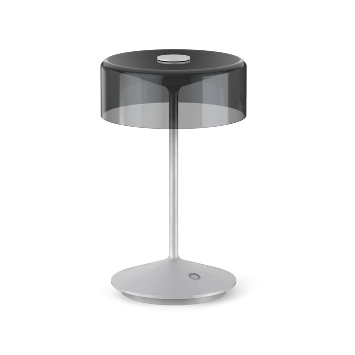Crystal cordless table lamp with removable smoky glass shade and touch switch for customizable lighting.