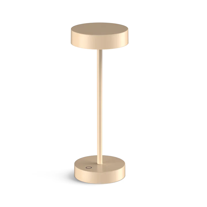 Minimalist portable LED lamp in gold, sleek design, touch switch, flexible dimming, water and dust-resistant.