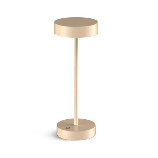 Minimalist portable LED lamp in gold, sleek design, touch switch, flexible dimming, water and dust-resistant.