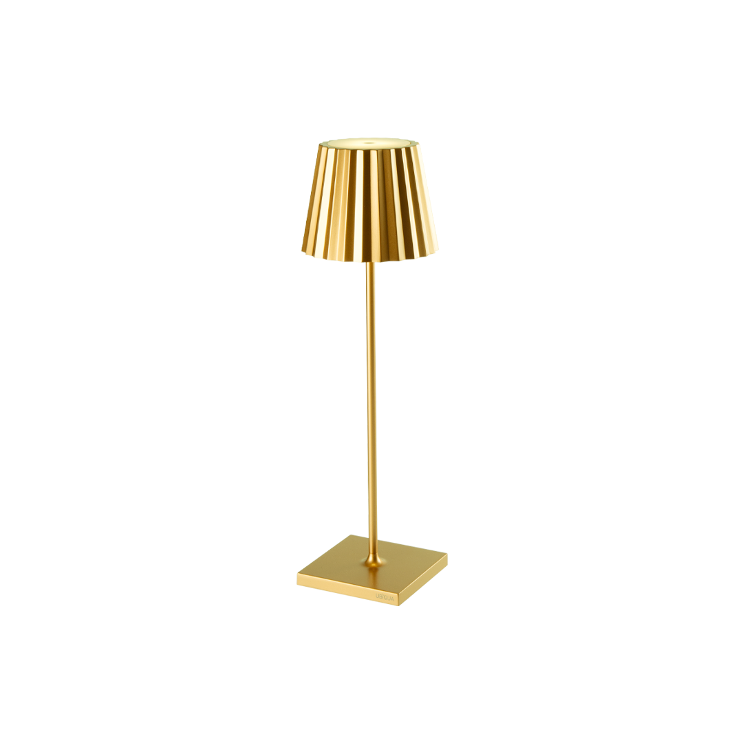 Gold plissé cordless table lamp with fluted shade and sleek base design.