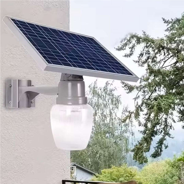 Solar Golden Apple outdoor light mounted on wall with high-efficiency solar panel.